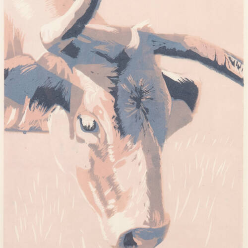 Pastel colored print of the face of a cow with horns.